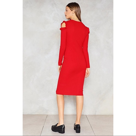 Red Ribbed Bodycon Cold Shoulder Ruffle Dress - Picture 3 of 3